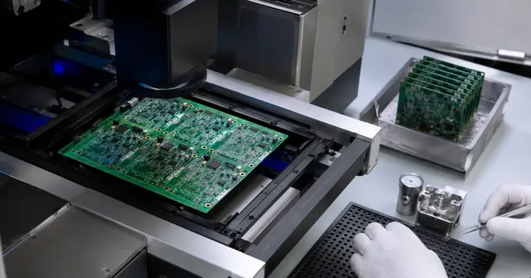Populated PCB under automated optical inspection during a supplier quality review