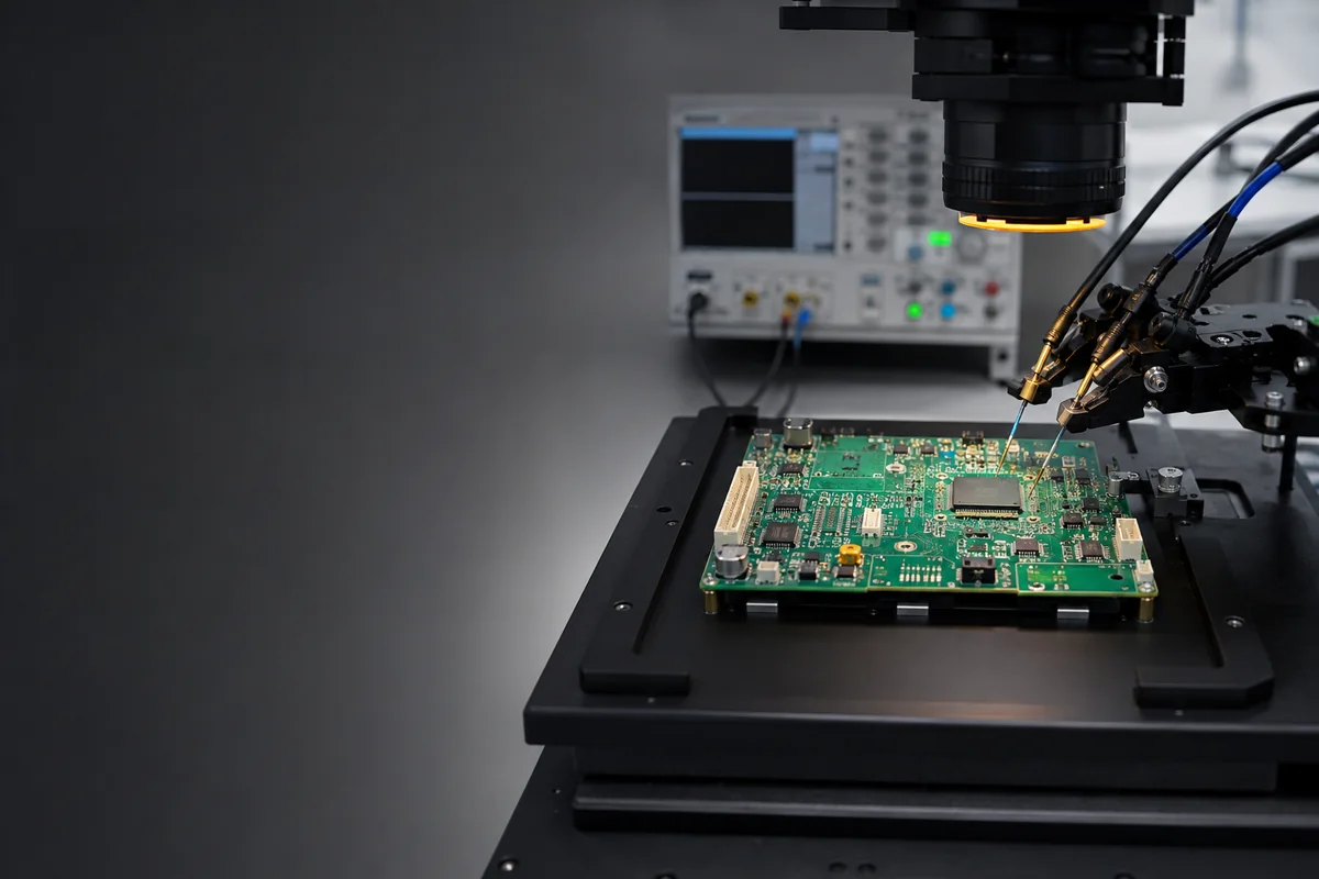 Assembled PCB under inspection and electrical test