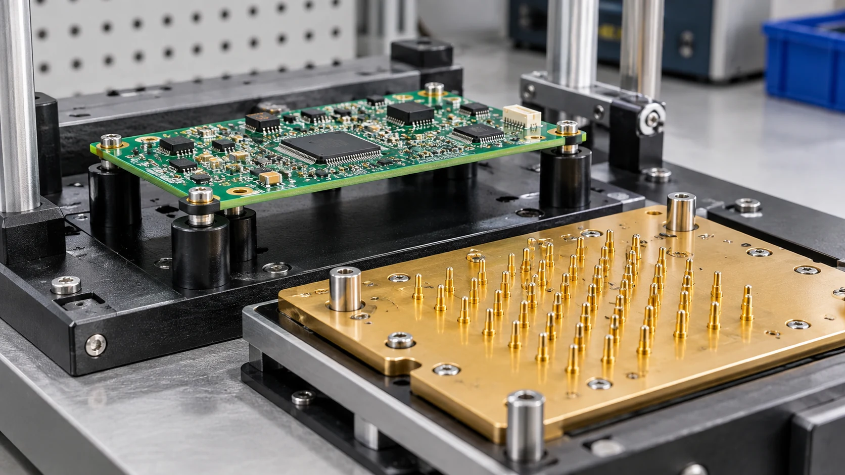 Circuit board supported in an open test fixture beside a plate of spring probes
