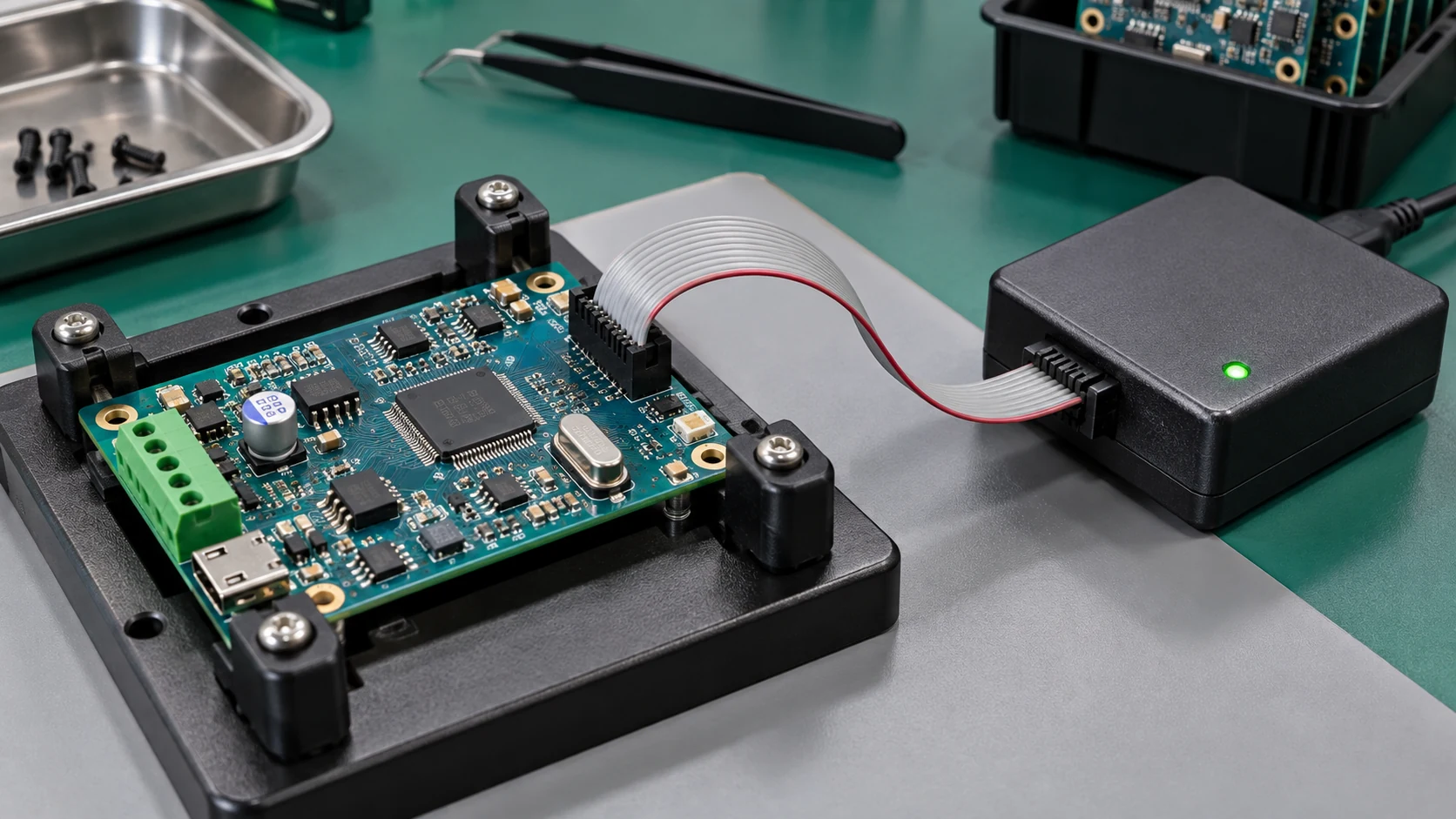 Controller board secured in a programming nest and connected to a programmer by a ribbon cable