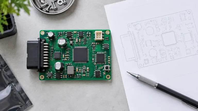 Assembled control board beside an illustrative assembly drawing and mechanical pencil