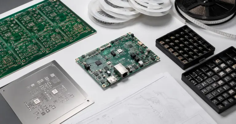 Prototype PCB build package with bare panel, stencil, component reels, trays and populated reference board