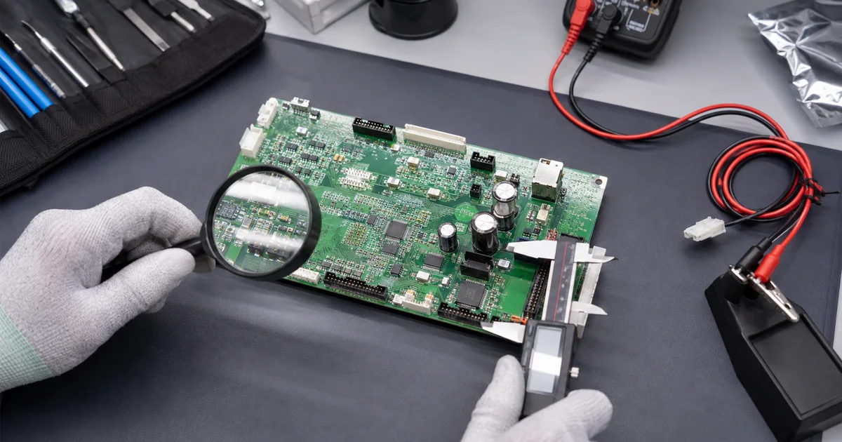 Gloved inspector checking a prototype PCB with magnifier and caliper before functional testing