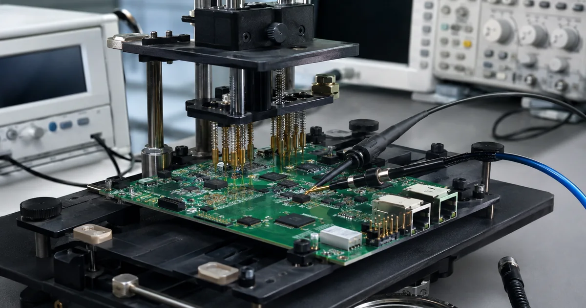 Populated prototype PCB secured in a functional test fixture with spring probes and lab instruments