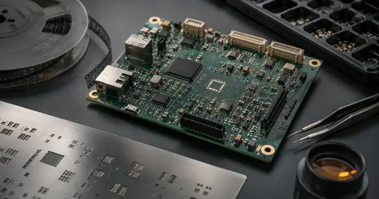Populated circuit board with component reel, stencil and inspection tools at a quick-turn assembly bench