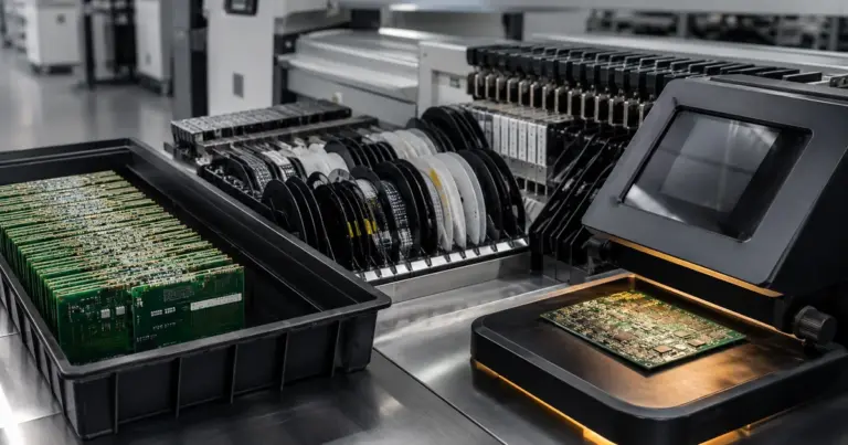 PCB panels, loaded component feeders and an inspection station staged to reduce assembly lead time
