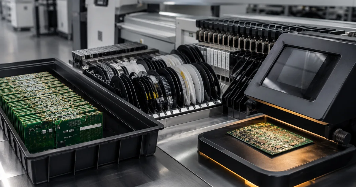 PCB panels, loaded component feeders and an inspection station staged to reduce assembly lead time