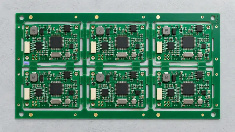 Six circuit boards in a routed assembly panel with outer process rails and tooling holes