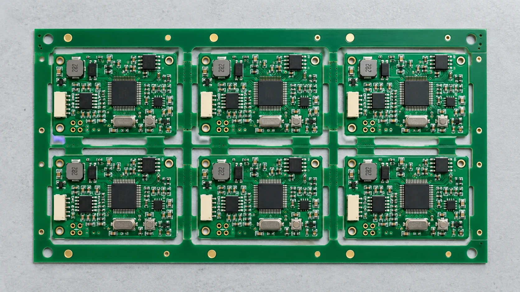 Six circuit boards in a routed assembly panel with outer process rails and tooling holes