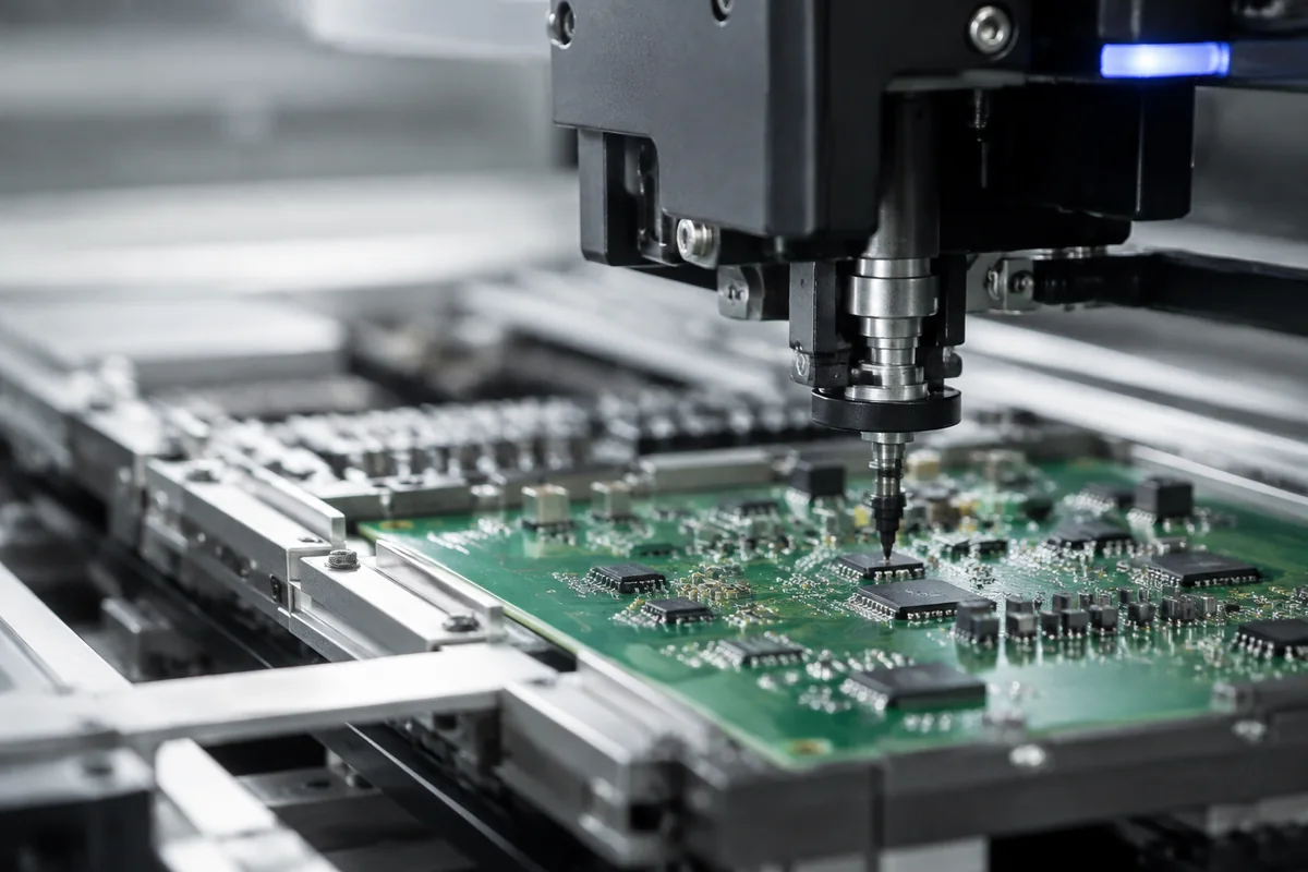 Surface-mount placement head working above a populated printed circuit board