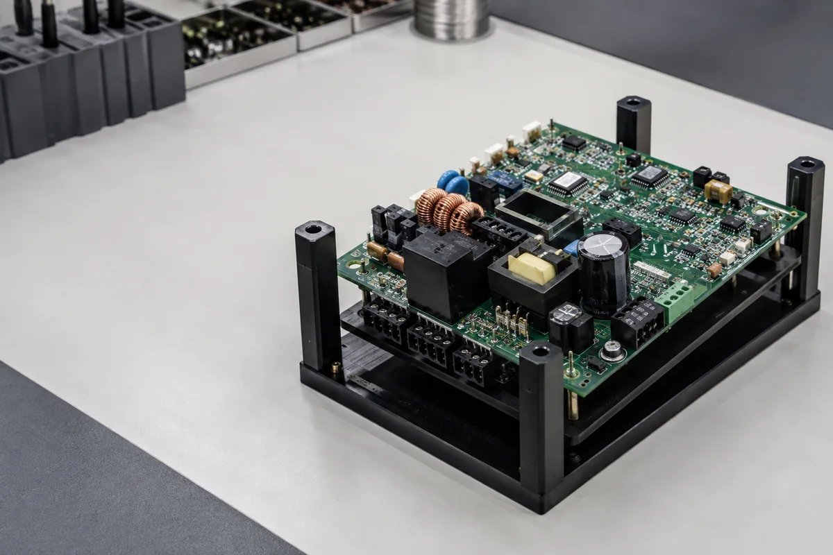 Mixed-technology PCB with connectors, relay, transformer and large through-hole components