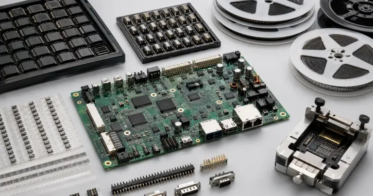 Turnkey PCB assembly with semiconductor trays, component reels and a test fixture