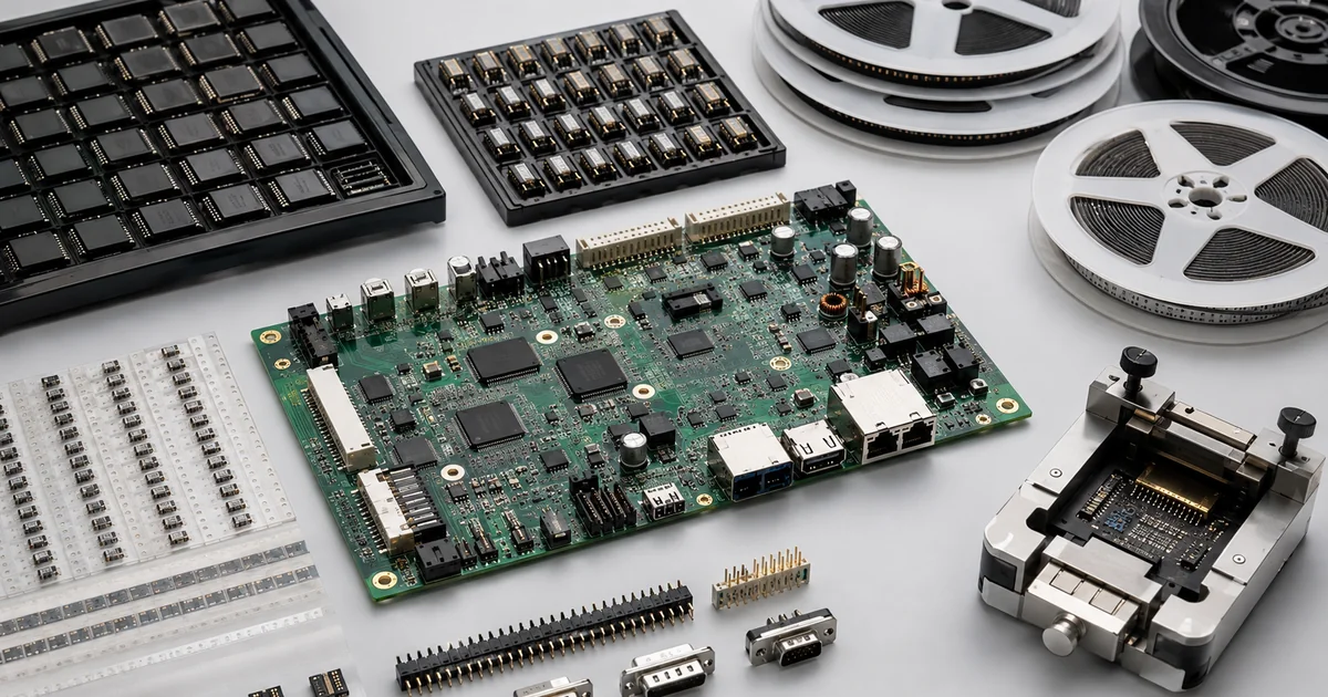 Turnkey PCB assembly with semiconductor trays, component reels and a test fixture