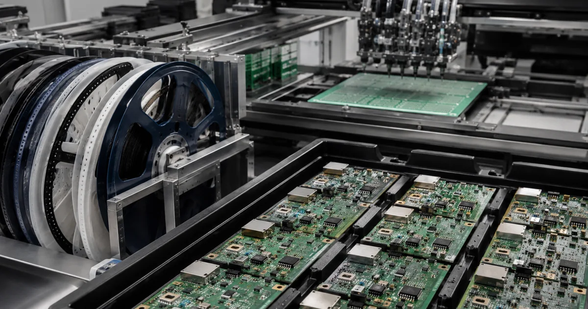 Turnkey PCBA workflow with component reels, placement equipment and finished circuit boards