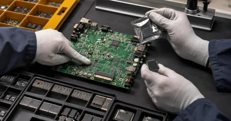 Engineering and sourcing team reviewing an approved semiconductor component beside a populated PCB