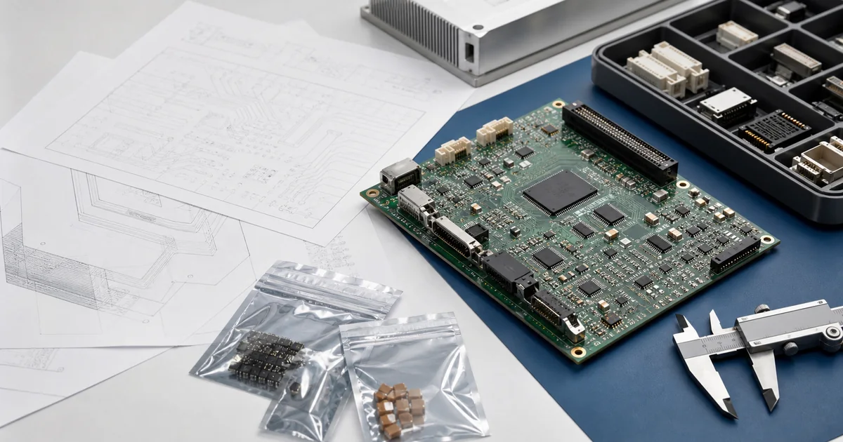 PCB assembly quote package with populated board, component samples, drawings and a caliper