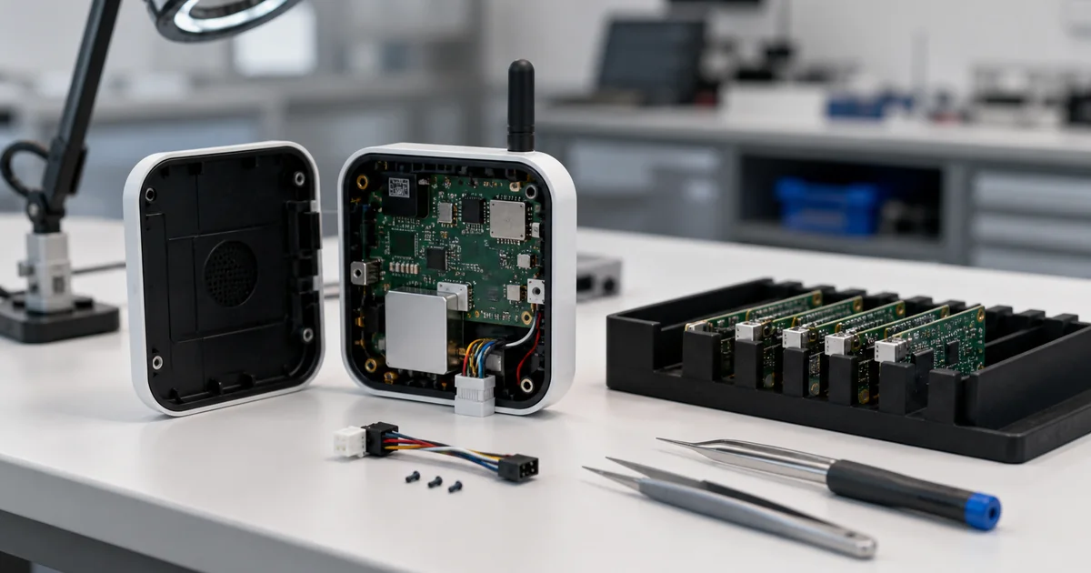 Connected hardware prototype with populated PCB, enclosure parts and follow-on assembly boards